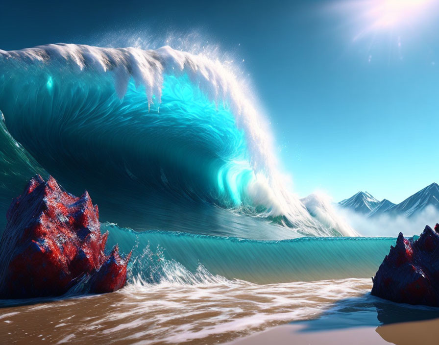 Gigantic wave near sandy shore with red coral and mountains under clear sky