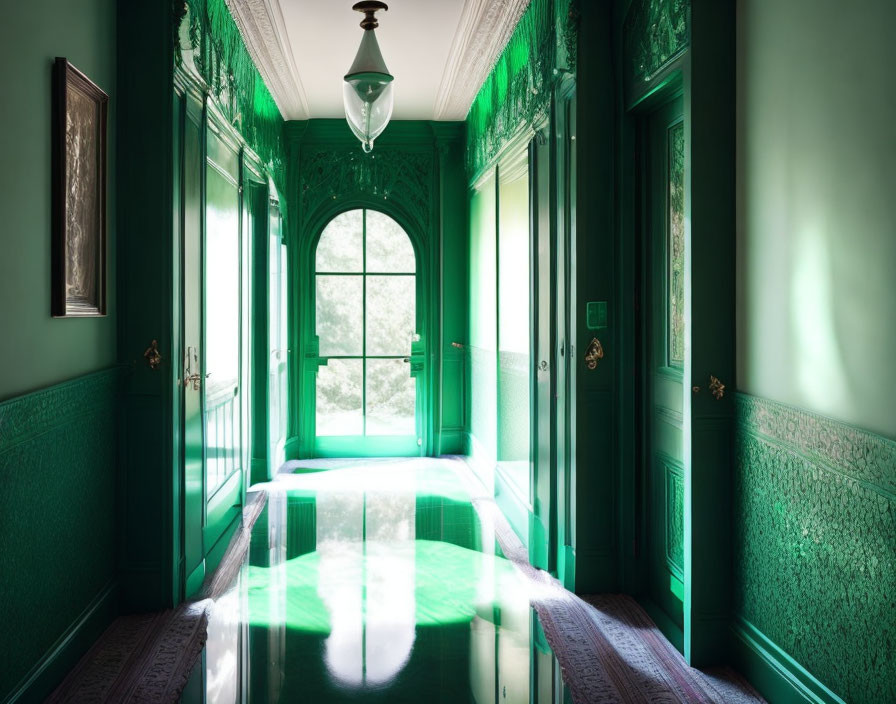 Bright hallway with green walls, reflective floors, and sunlight streaming in from window