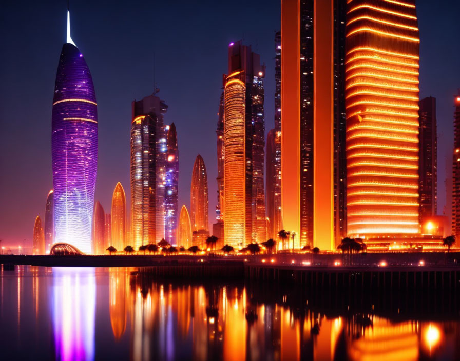 Vibrant city skyline with modern skyscrapers at twilight