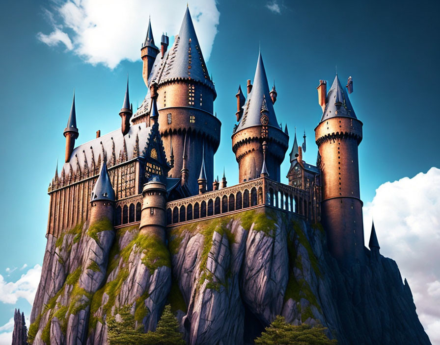 Majestic castle with spires and towers on rugged cliff under clear blue sky
