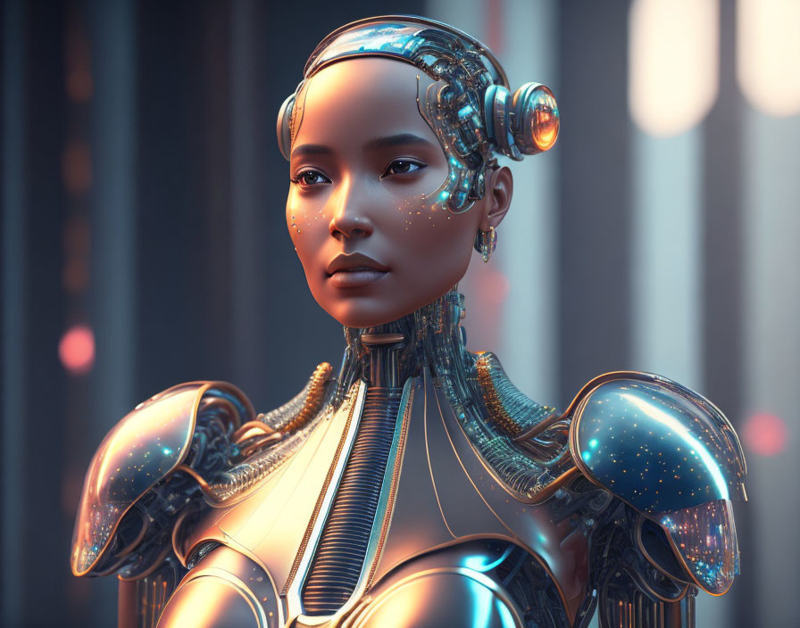 Detailed Female Android with Mechanical Parts Against Futuristic Background