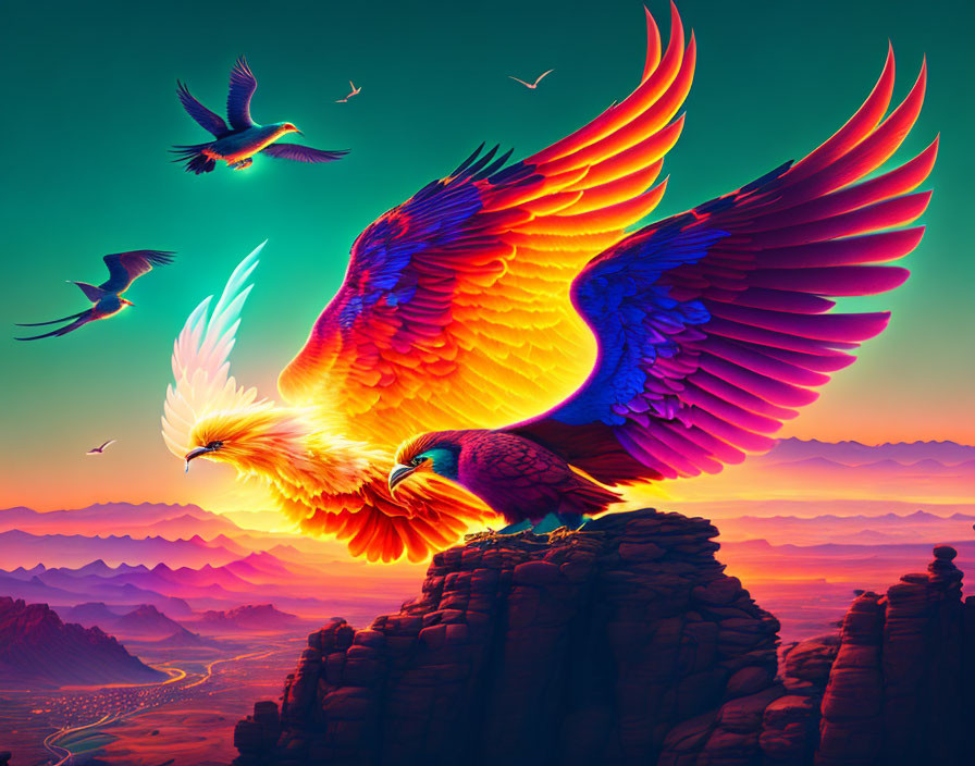 Mythical phoenix with fiery wings in colorful sunset landscape
