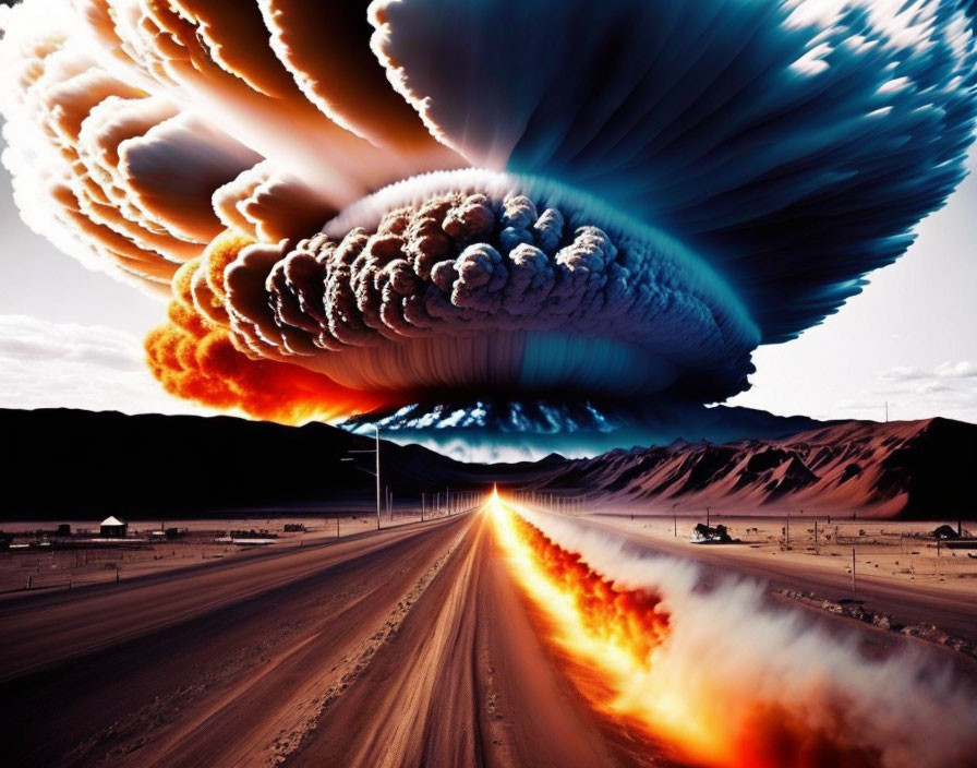 Explosion aftermath: massive mushroom cloud over desert road