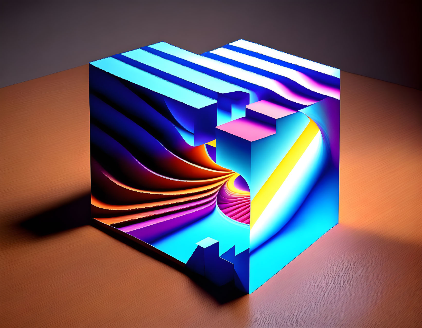 Colorful 3D cube with surreal landscape illusion on dark background
