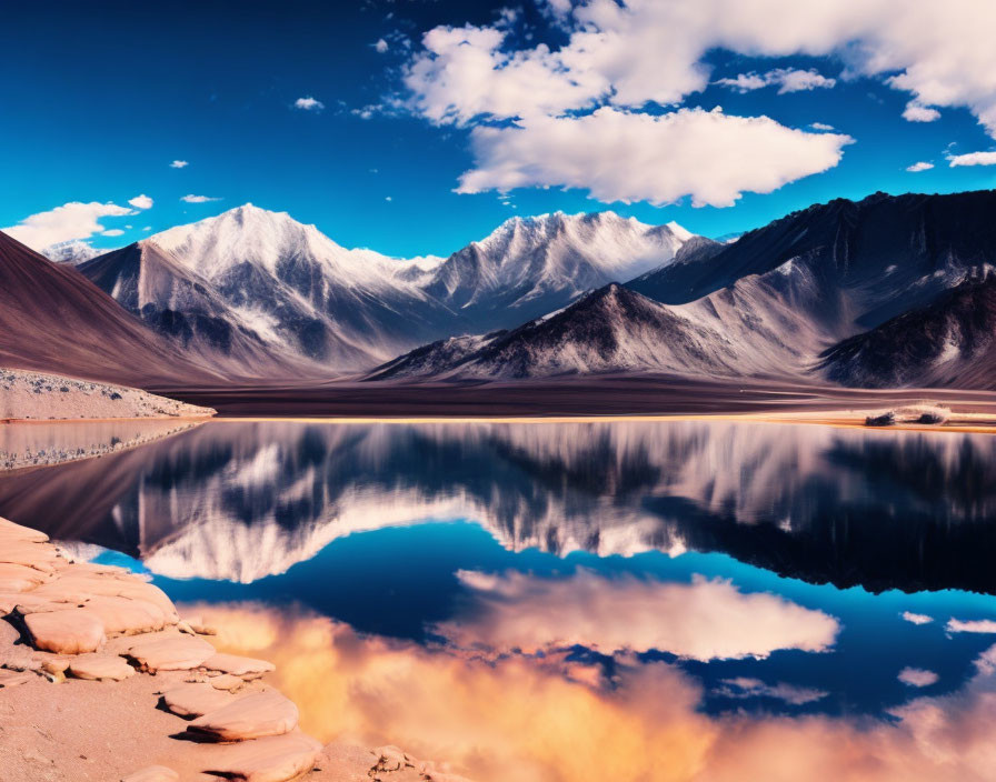 Snow-capped peaks reflected in calm lake under blue sky