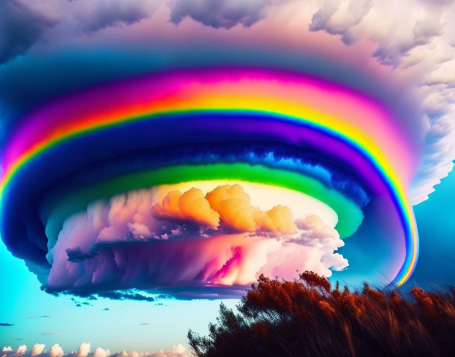 Colorful swirling cloud formation with rainbow in blue sky