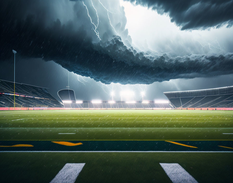 Stormy Sky above Empty Football Stadium with Lightning and Rain
