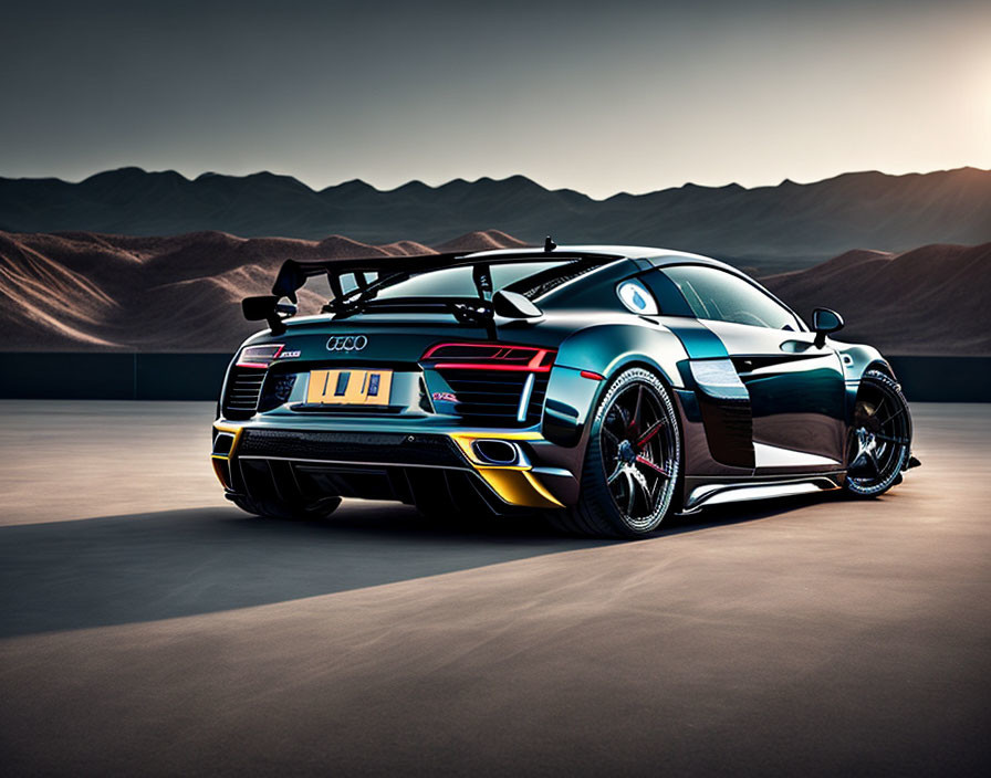 Black and Gold Sports Car with Rear Wing and Desert Studio Background