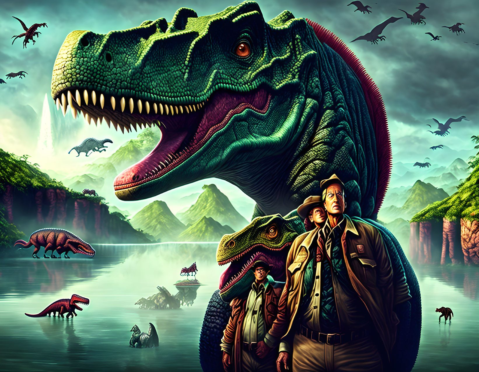 Detailed prehistoric scene with T-Rex, smaller dinosaurs, adventurers, misty landscape.