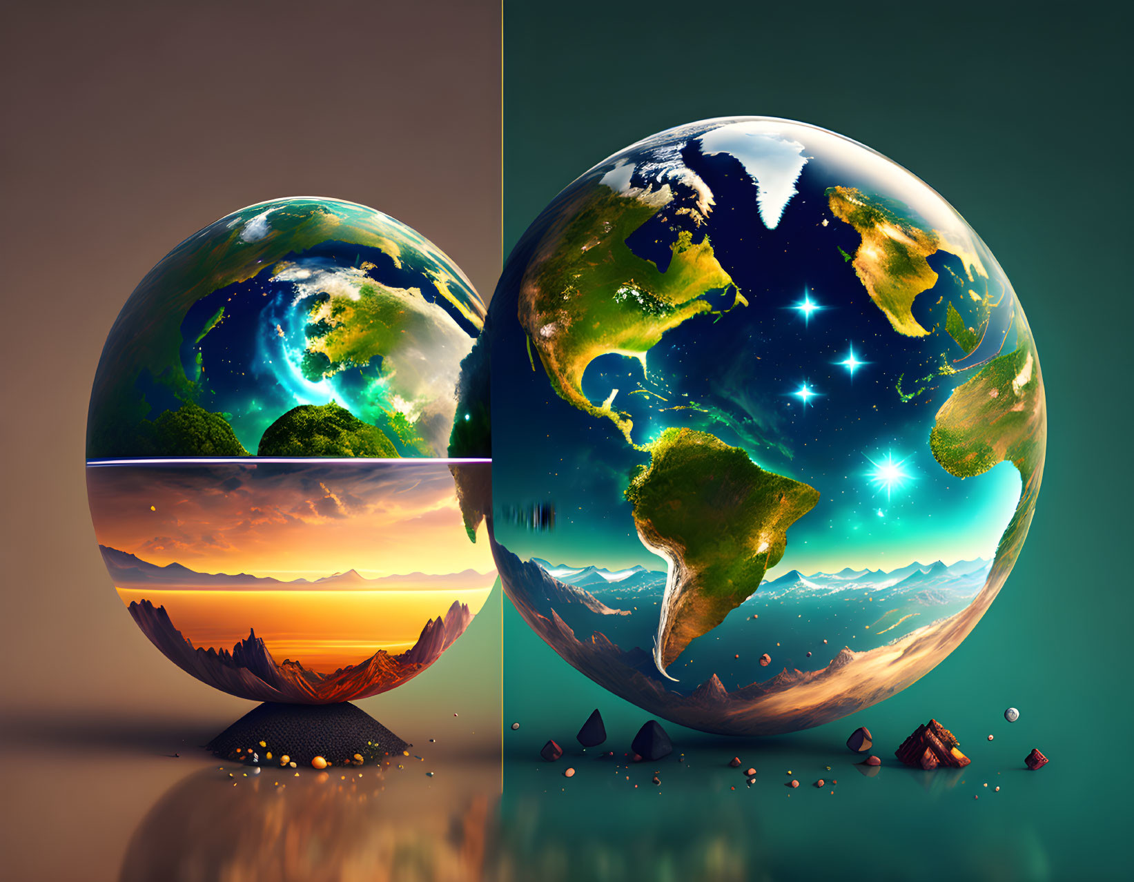 Surreal Earth artworks: peeled layer reveals sunset landscape, sparkling intact globe