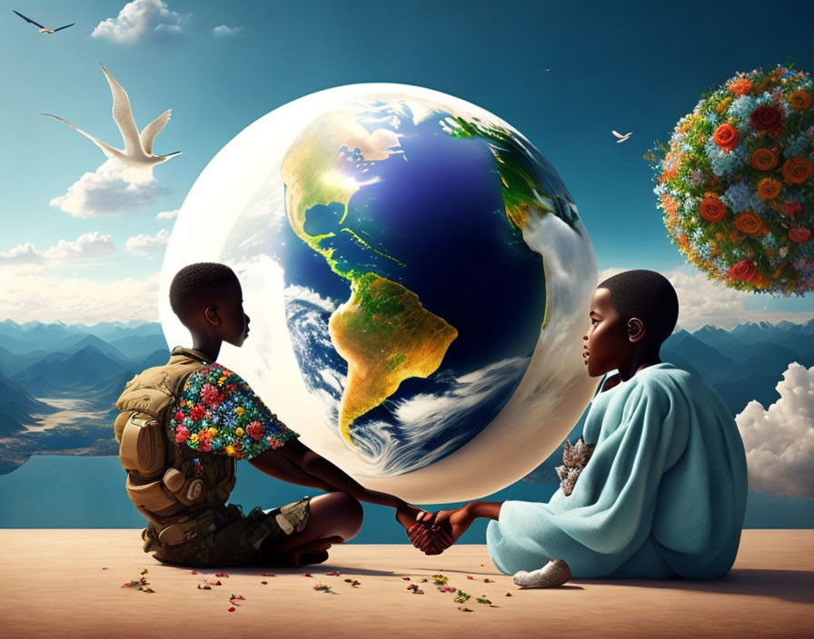 Digital artwork featuring children, flowers, globe, mountains, and bird