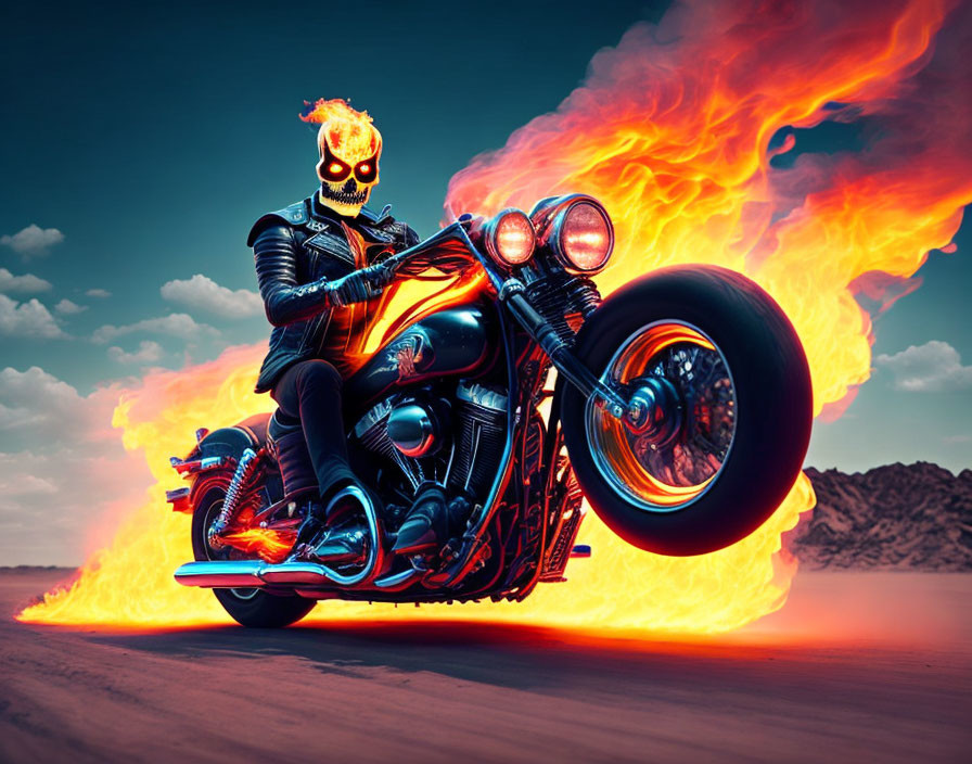 Flaming skull helmet rider on motorcycle with fiery exhaust in desert landscape