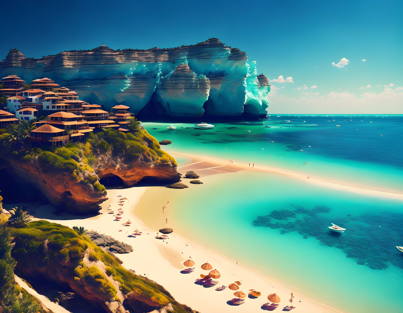 Coastal landscape: towering cliffs, sandy beach, turquoise waters, boats, cliffside houses,