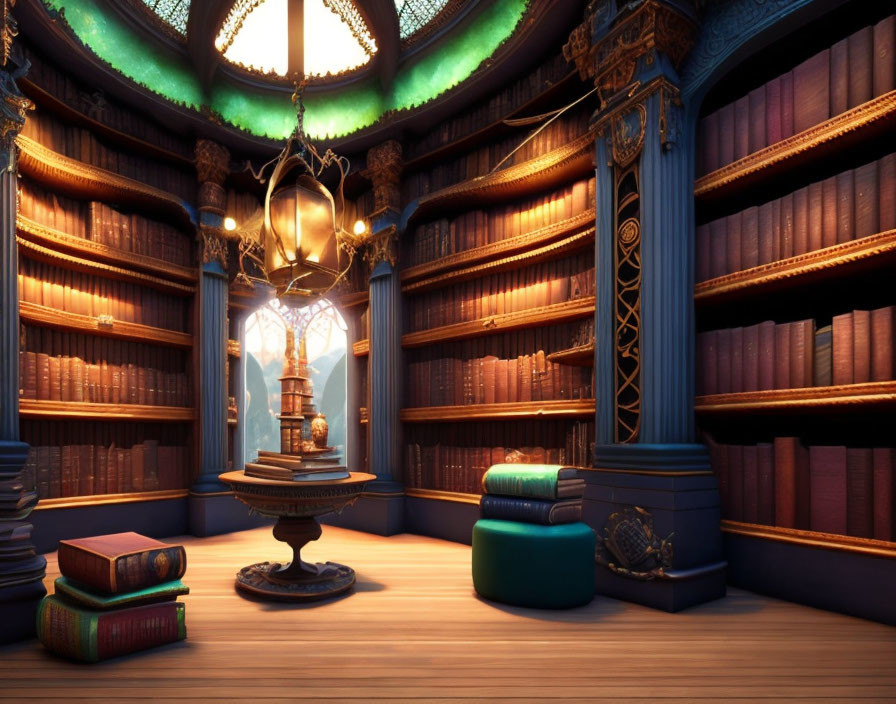 Circular library with wooden bookshelves, round table, plush seating, warm ambiance