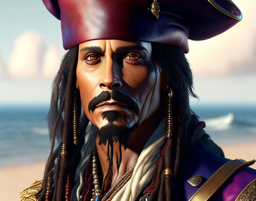 Detailed Digital Pirate Character Art with Tricorn Hat & Intense Gaze