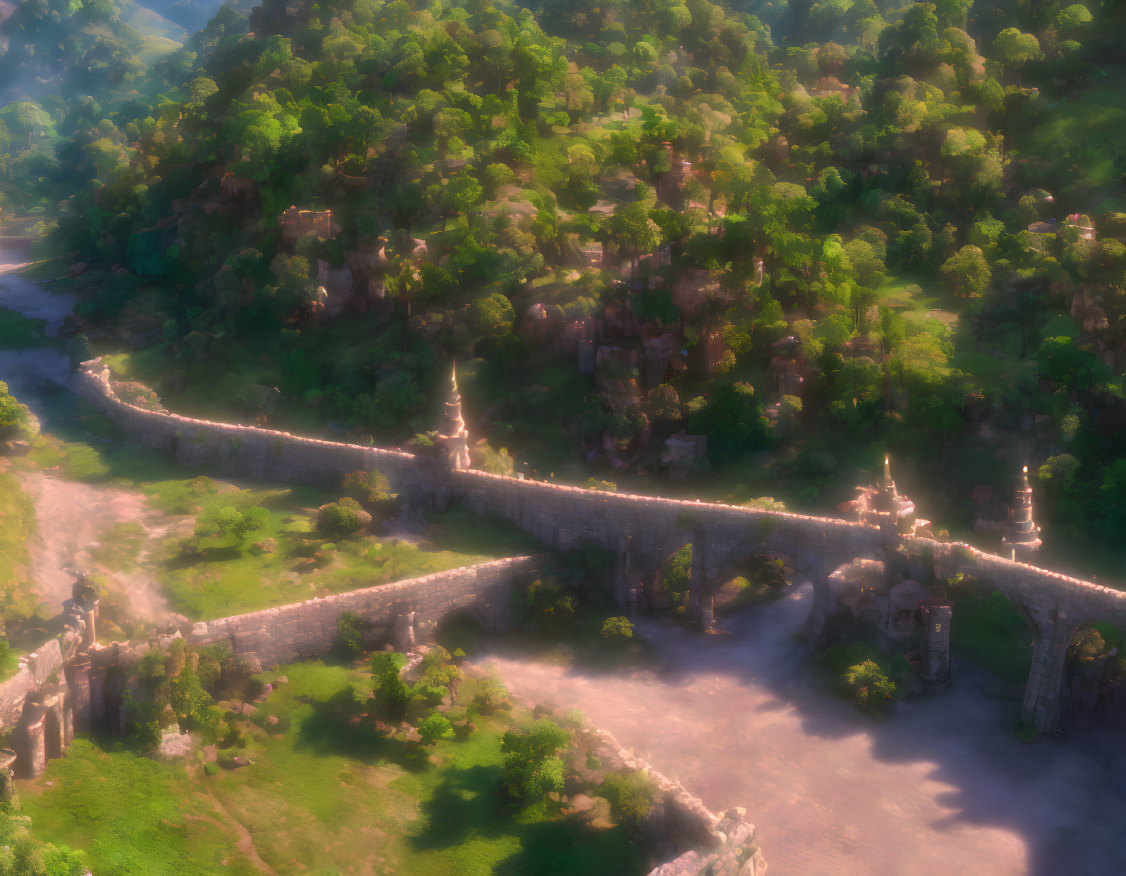 Sunlit fantasy landscape with lush forest, ancient stone wall, and towers hinting at lost civilization.