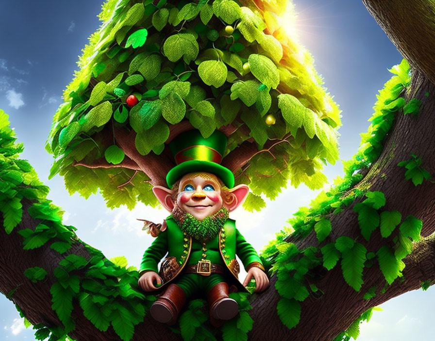 Colorful Leprechaun Under Green Tree with Red Apple