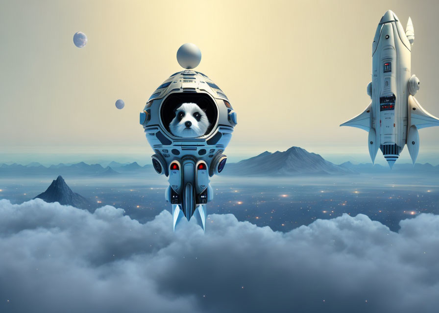 Whimsical space scene with dog in spacesuit and futuristic shuttles