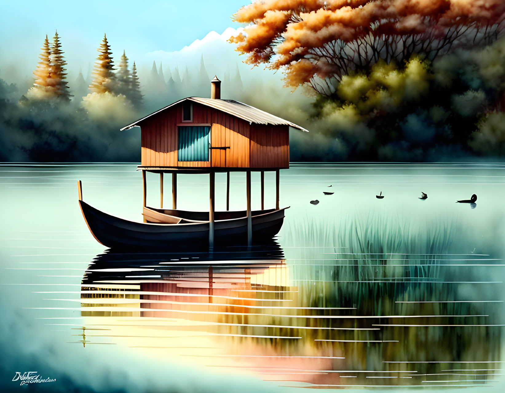 Tranquil boat house on calm lake with reflections, trees, and ducks
