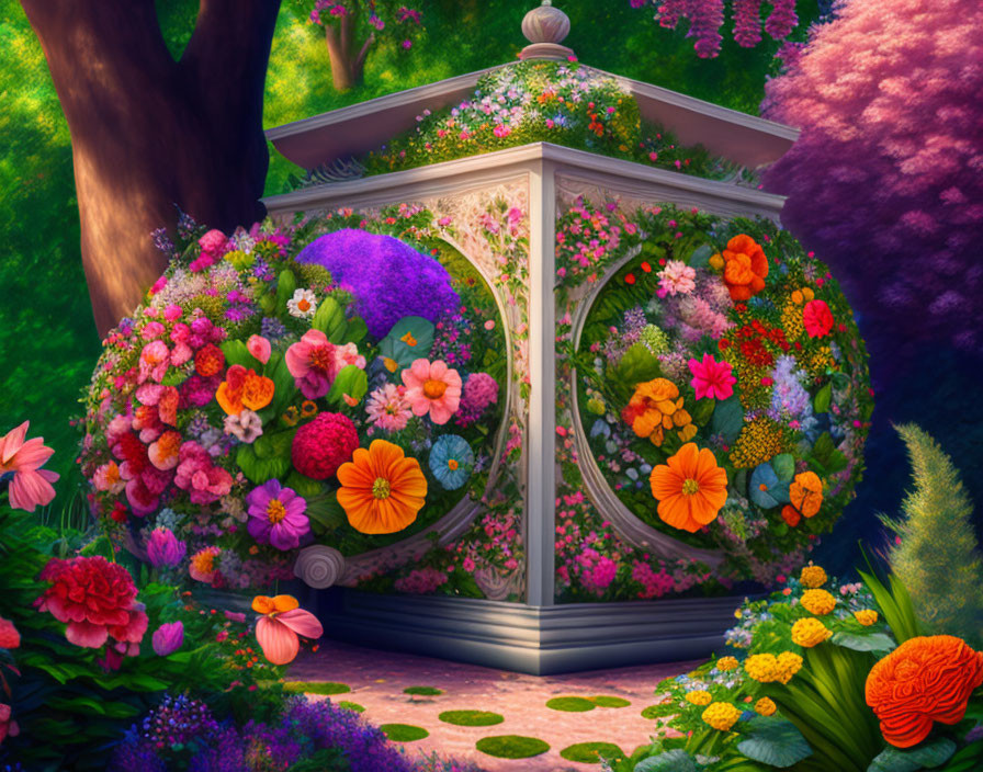 Glass-paneled gazebo surrounded by vibrant flowers in whimsical garden