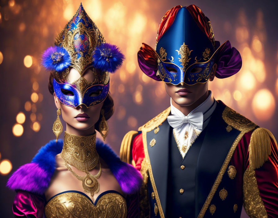 Opulent masquerade attire with vibrant masks in gold, blue, and red