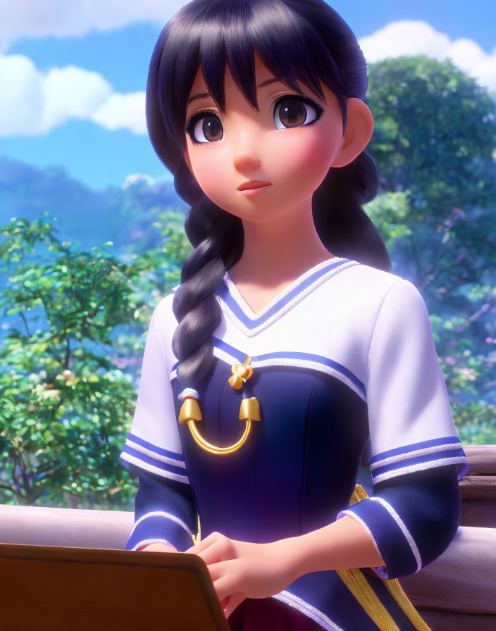3D-rendered image of young girl with large eyes and braided black hair in sailor-style outfit