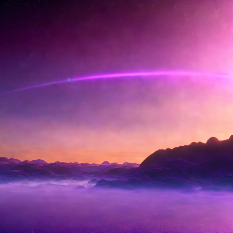 Vivid Purple and Pink Sky Over Misty Mountains and Stars