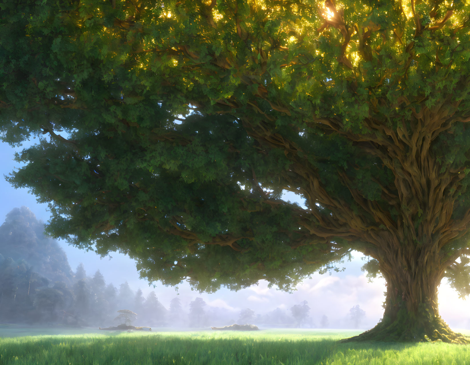 Majestic tree with lush foliage in soft sunlight over verdant meadow