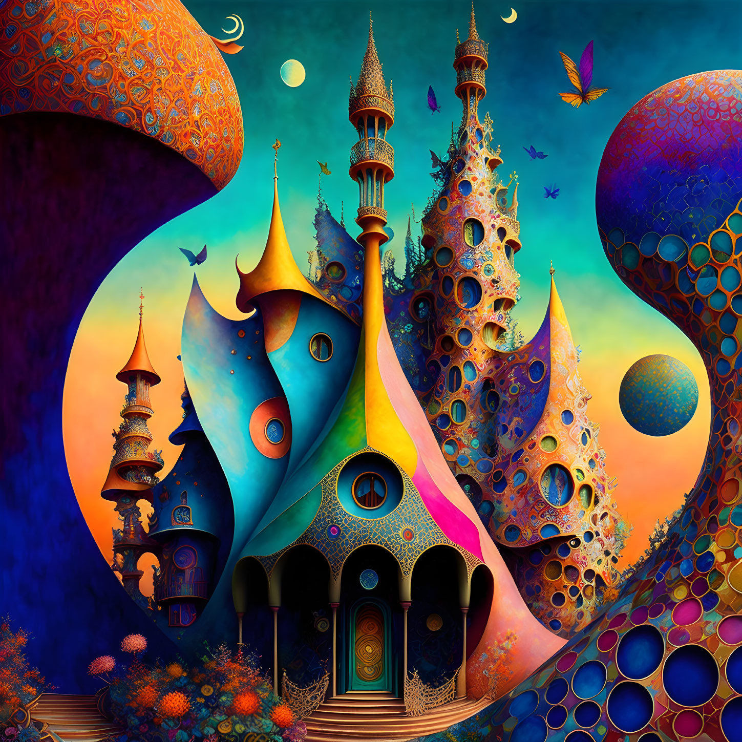 Colorful Fantasy Landscape with Whimsical Castles & Celestial Bodies