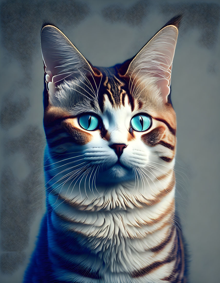 Blue-eyed cat with brown striped fur on textured blue background