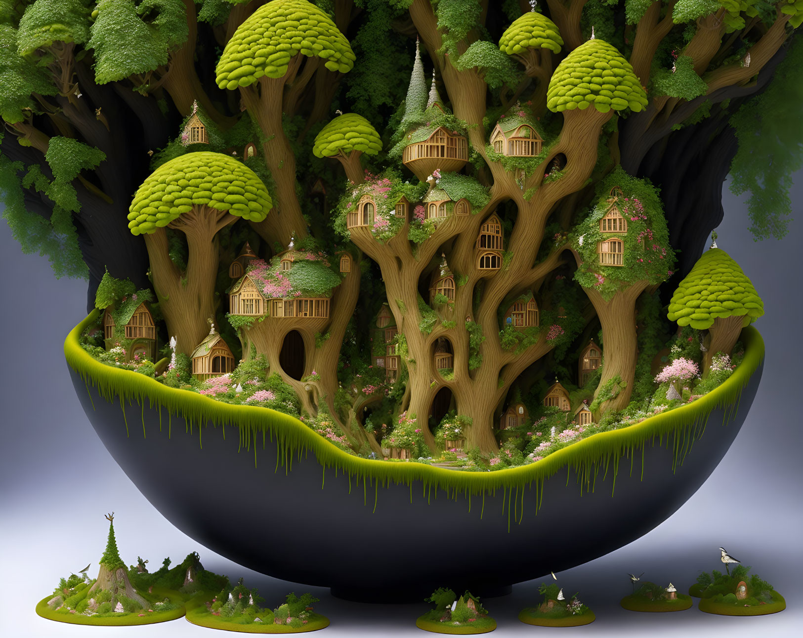 Fantastical spherical tree with lush greenery and whimsical treehouses interconnected by bridges