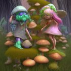 Majestic purple mushrooms in enchanted forest with butterfly