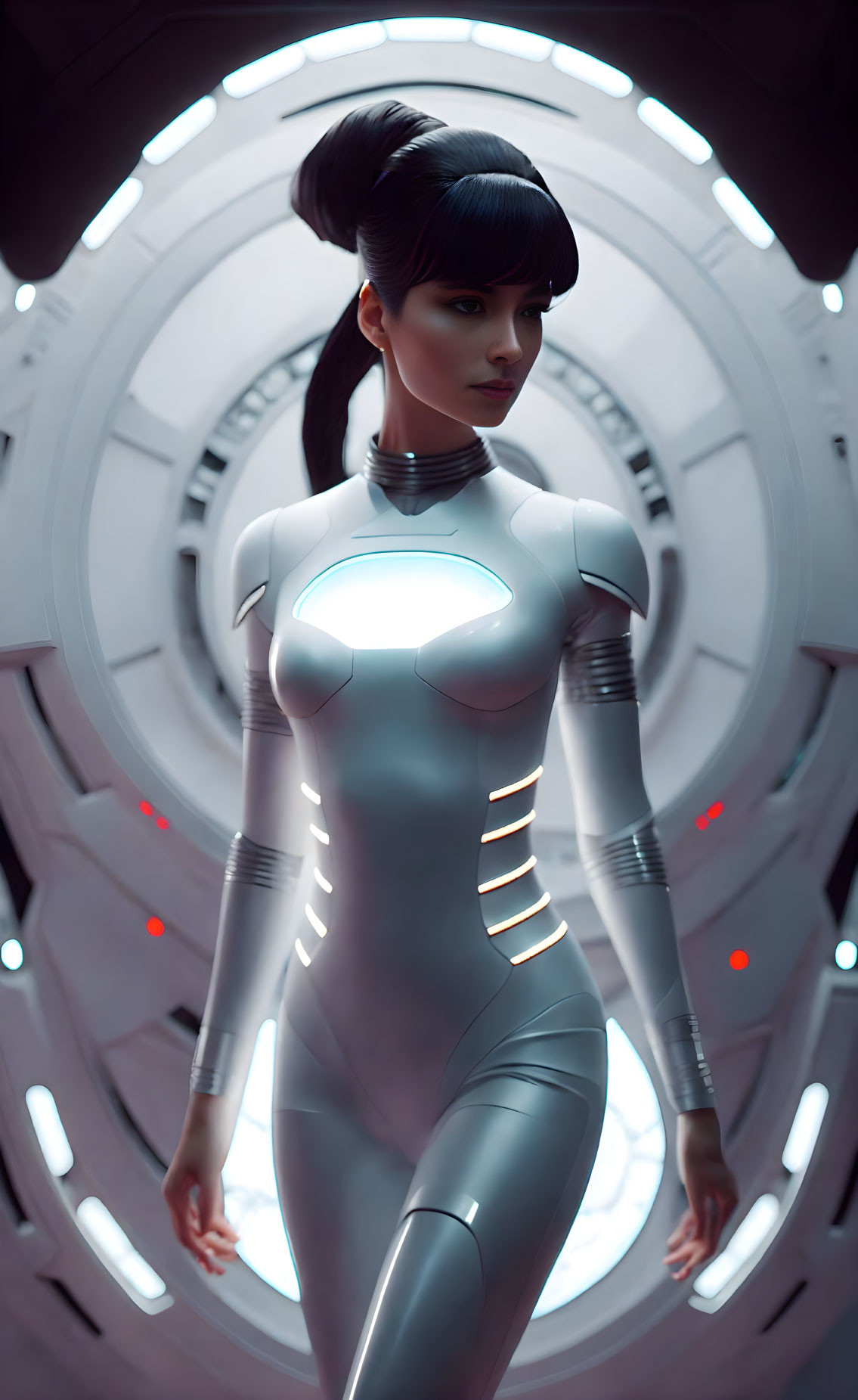 Futuristic woman in sci-fi suit with glowing elements and circular structures