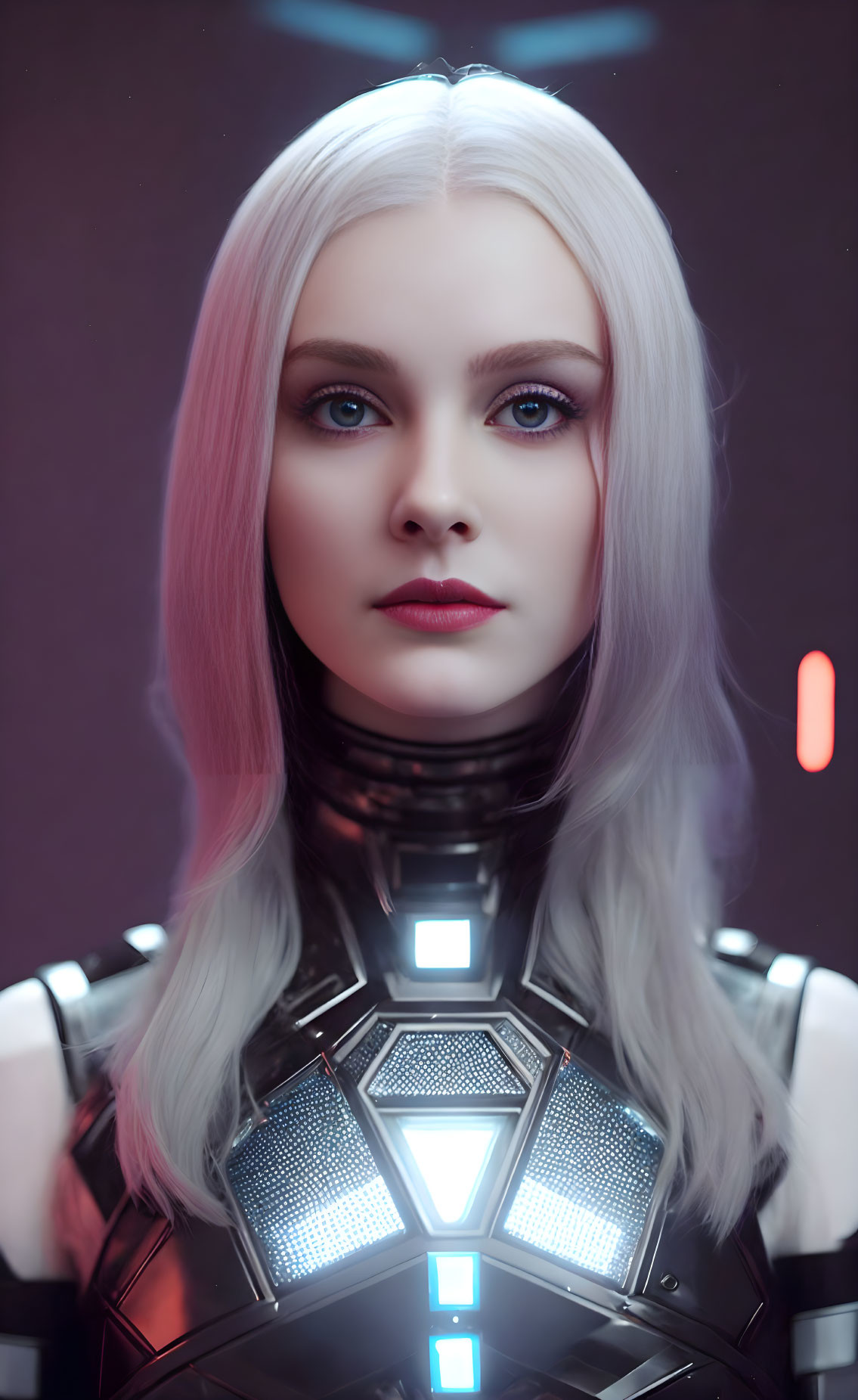 White-Haired Woman in Futuristic Armor with Blue Eyes and Glowing Lights on Dark Background
