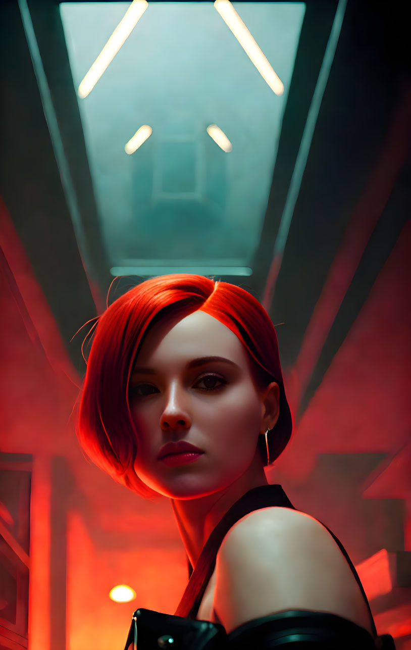 Short Red-Haired Woman in Futuristic Setting with Neon Lights