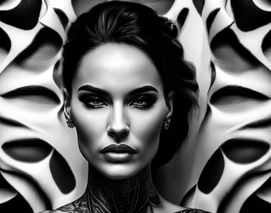 Monochromatic portrait of woman with striking makeup and tattoos