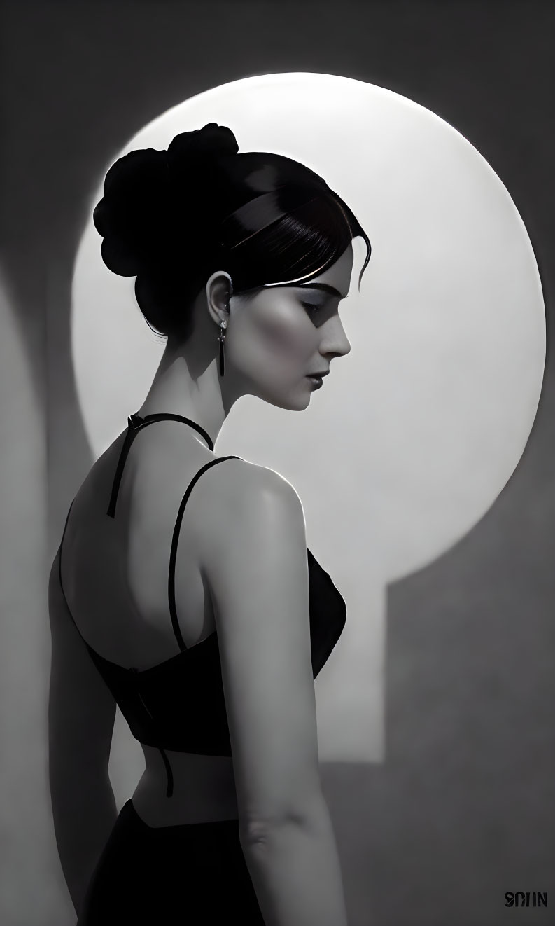 Monochrome digital painting of woman in profile against full moon