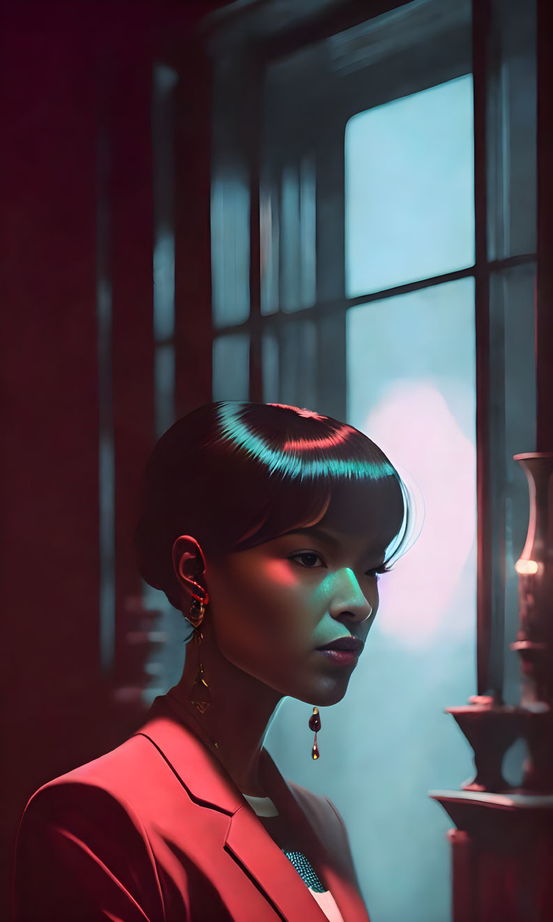 Woman with sleek bob haircut in moody red and blue lighting by window