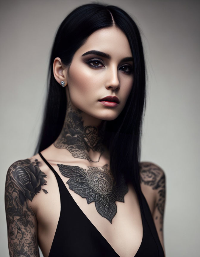 Woman with Striking Black Hair and Tattoos in Bold Makeup