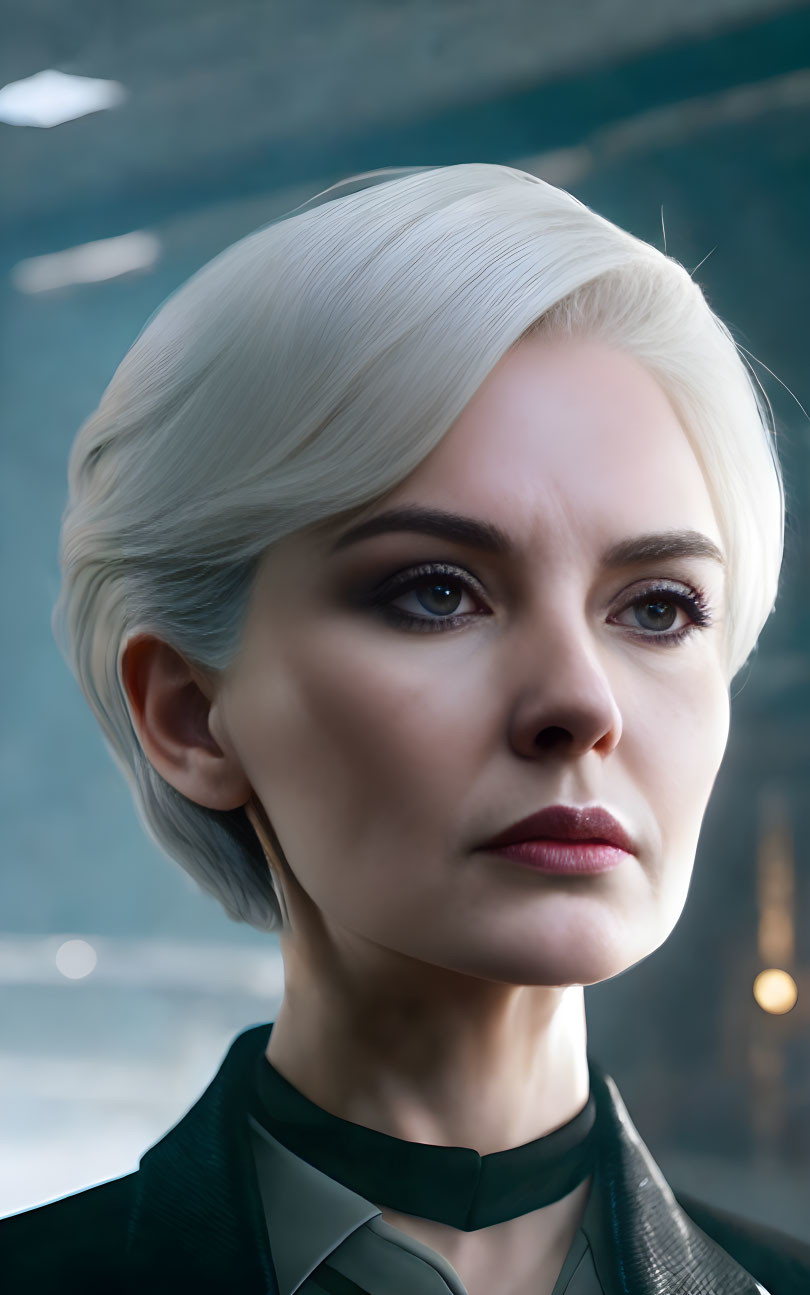 Portrait of woman with short platinum blonde hair and intense gaze in dark attire
