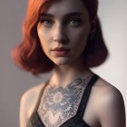 Portrait of woman with auburn hair and floral chest tattoo in dark top