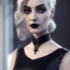 Platinum Blonde Woman in Black Top with High Collar