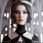 Regal woman in detailed crown and elegant black outfit with silver embellishments.