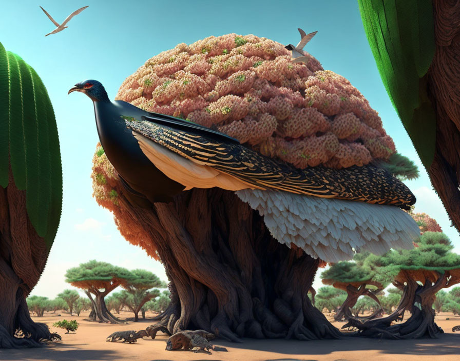 Vibrant peacock with expanded tail in desert landscape surrounded by trees and birds