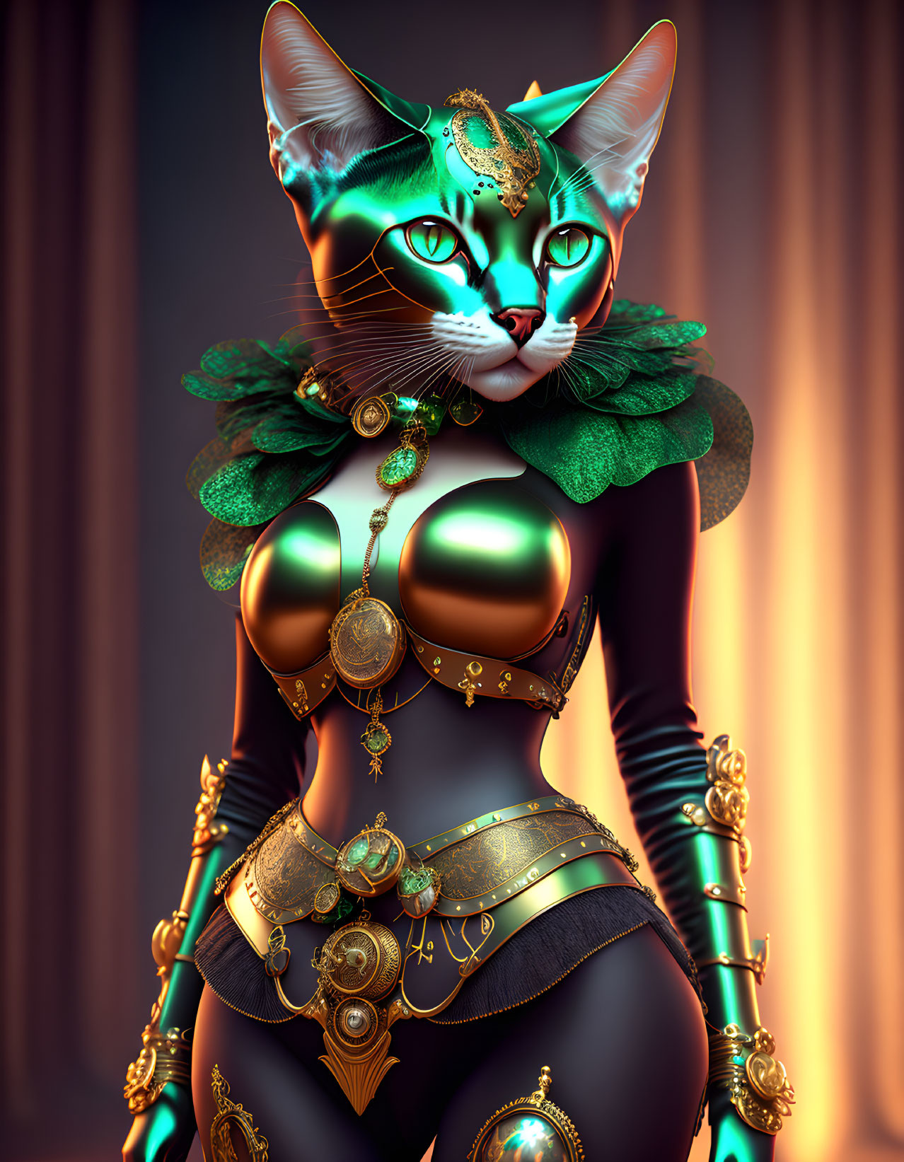 Anthropomorphic feline character with blue eyes and golden jewelry on amber backdrop