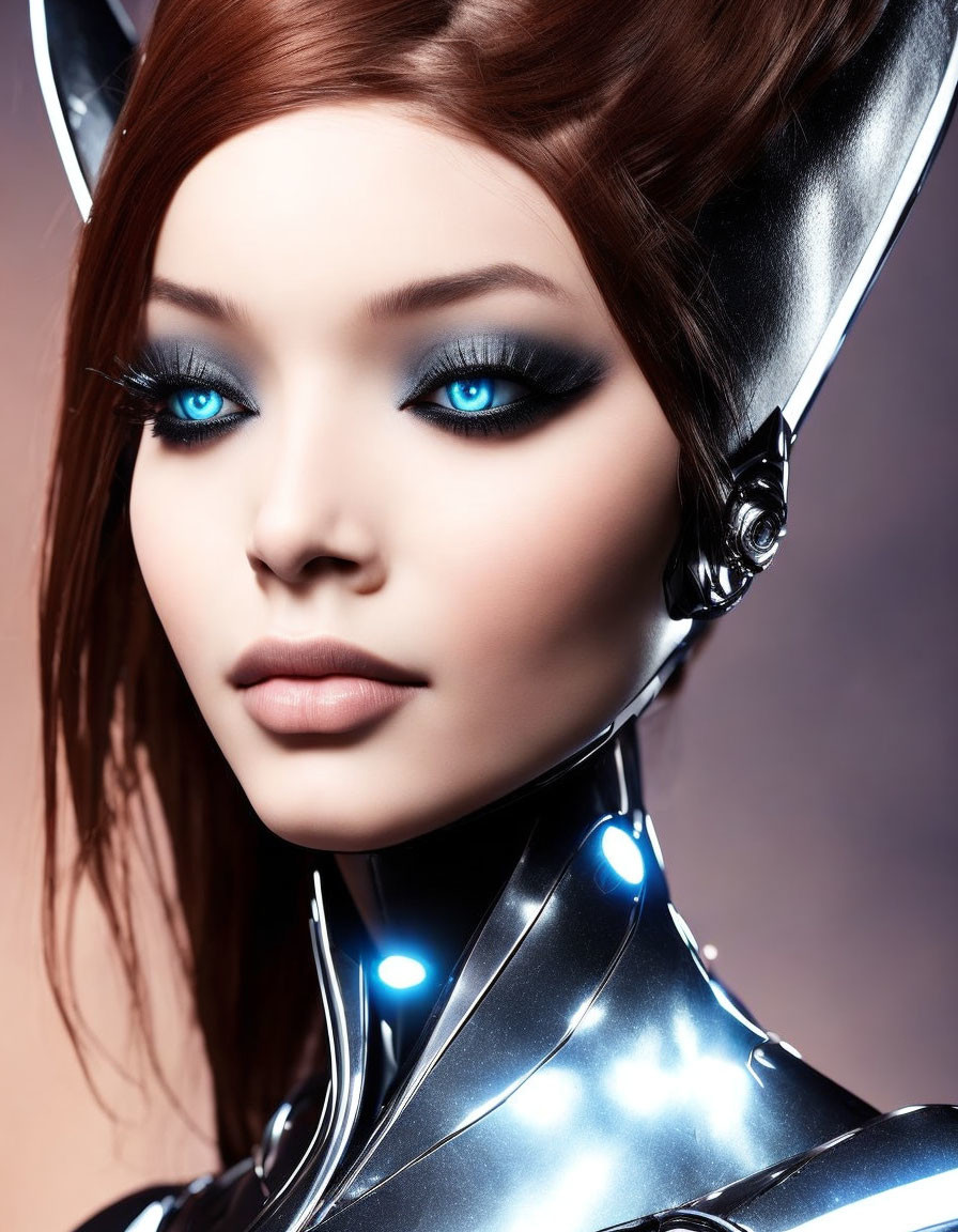 Female Android in Black Suit with Blue Glowing Lights and Futuristic Headset