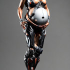 Futuristic female robot in black and silver armor with neon green lighting