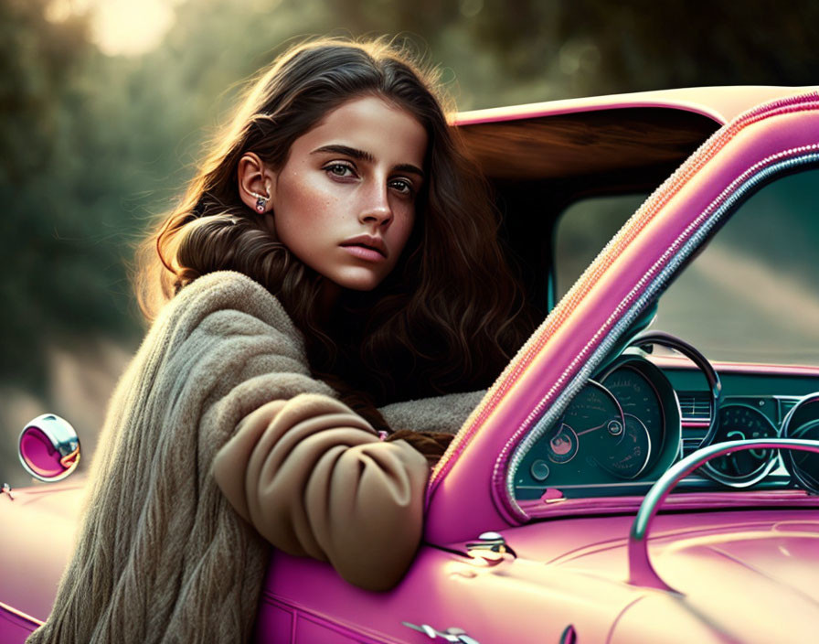 Young woman with long brown hair leaning on pink convertible at sunset
