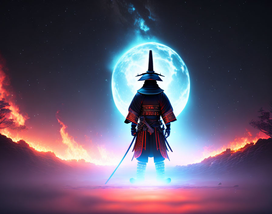Traditional Samurai in armor with large moon and fiery landscape.