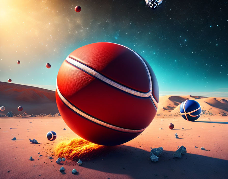 Floating basketballs on surreal Martian landscape with starry sky